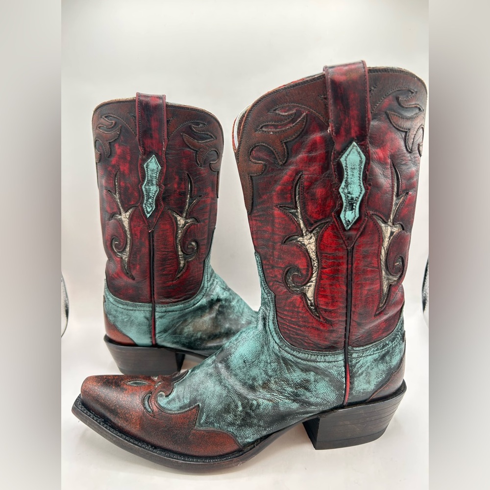 Lucchese Women’s Western Cowboy Boots Red Teal & Brown Distressed Leather Size 7 - Picture 13 of 17